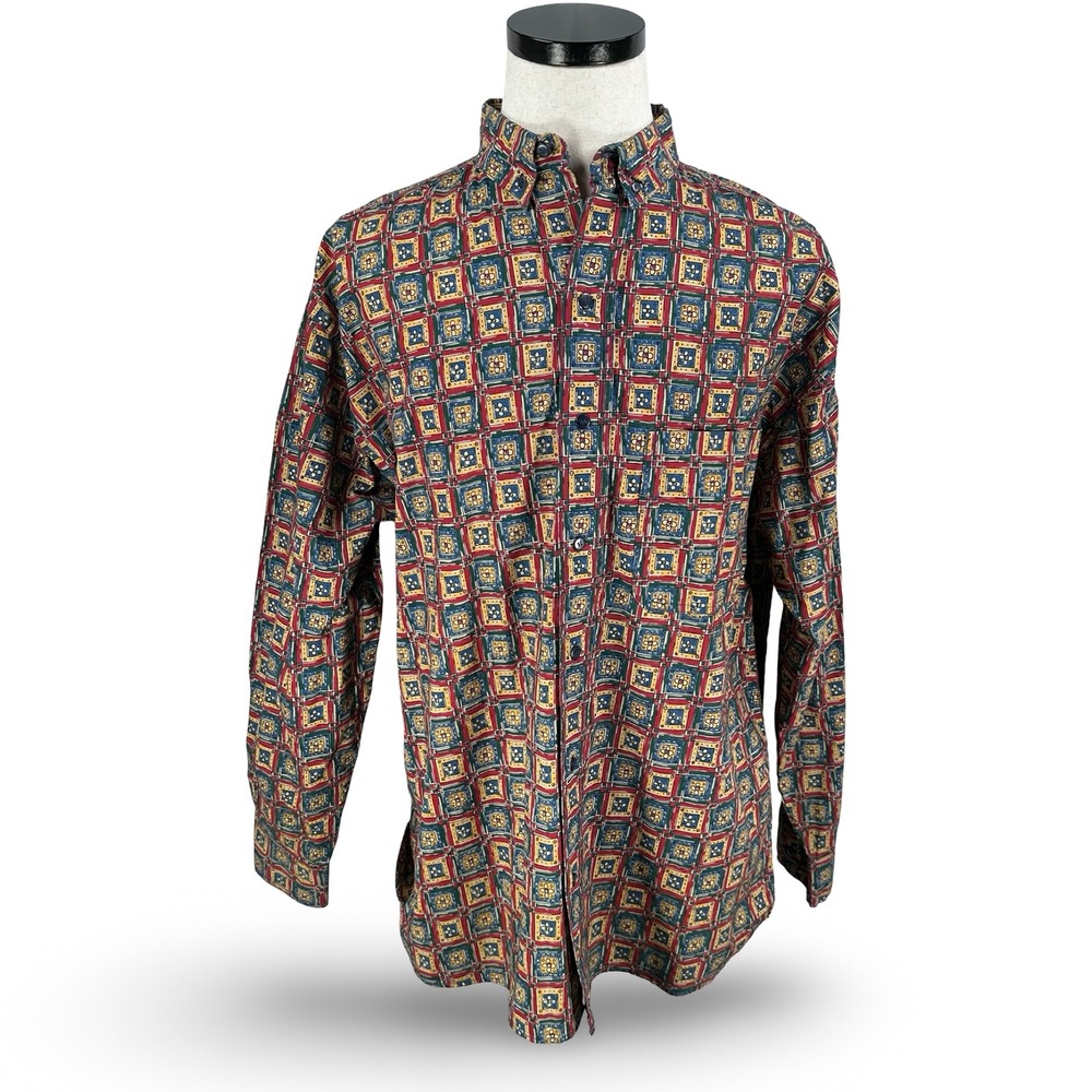 Vintage Gitano Sportswear Mens Large Geometric Button Down Shirt 90s NWT Cotton